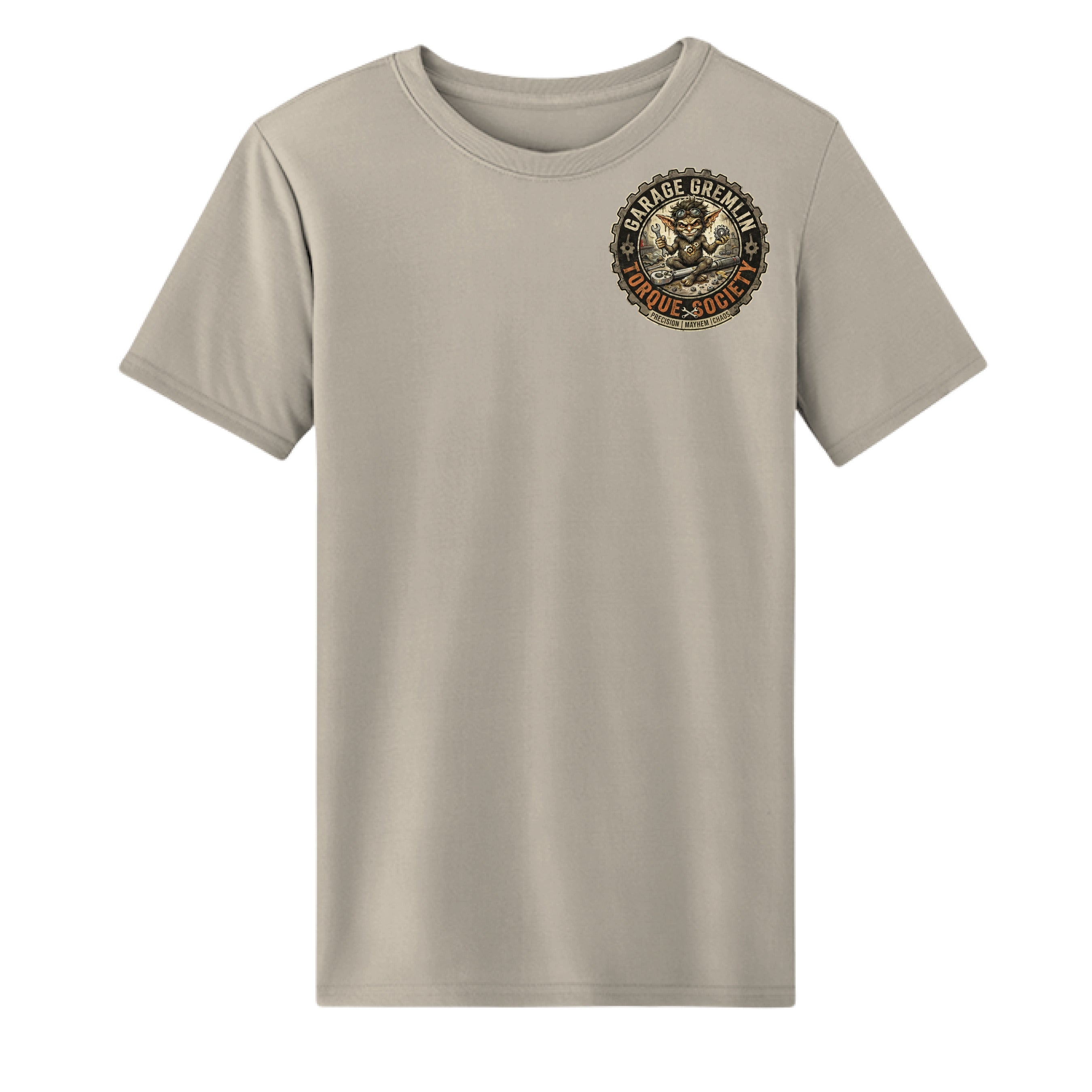 Stone I Void Warranties mechanic T-shirt –front with Garage Gremlins chest logo