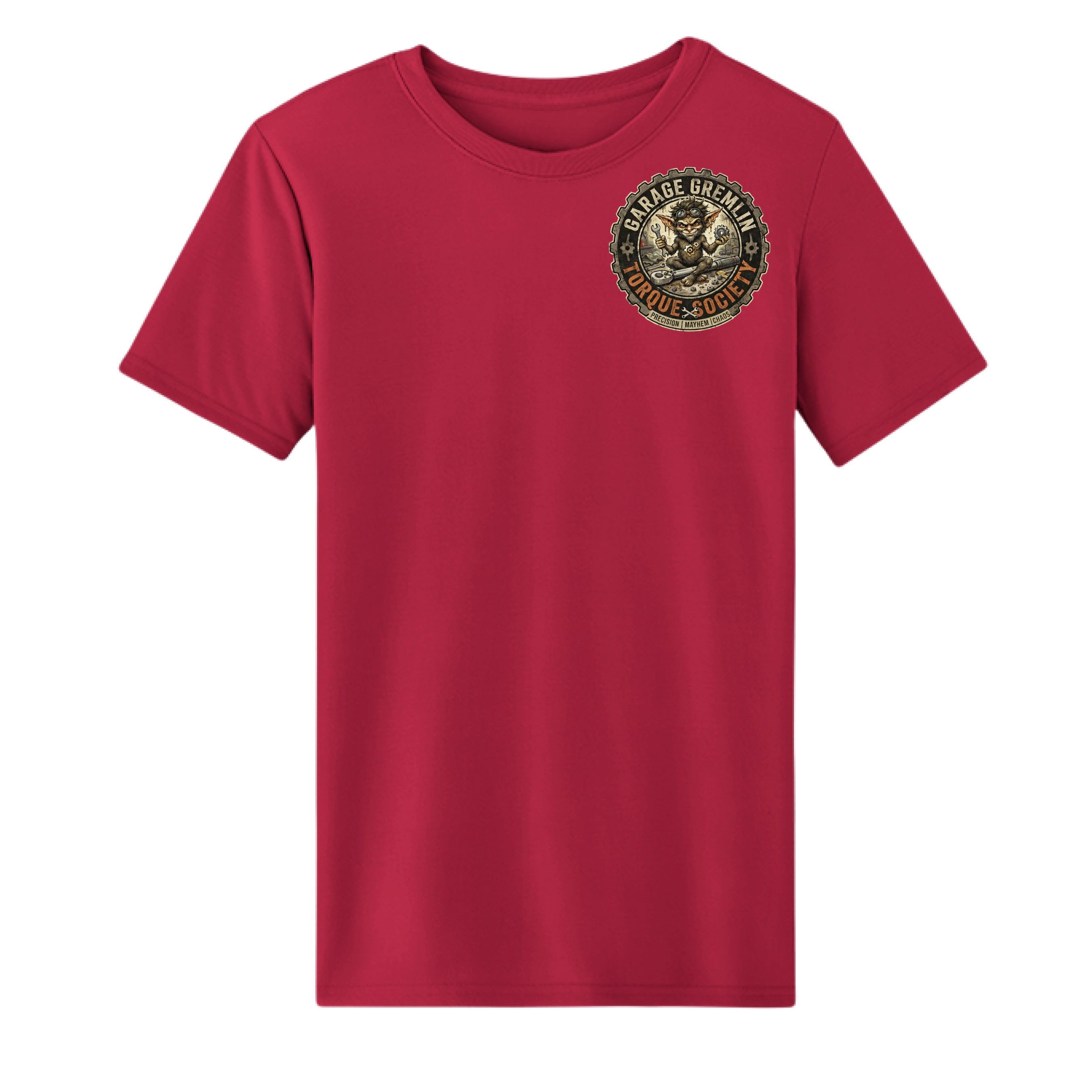 Classic red I Void Warranties mechanic T-shirt – front with Garage Gremlins chest logo