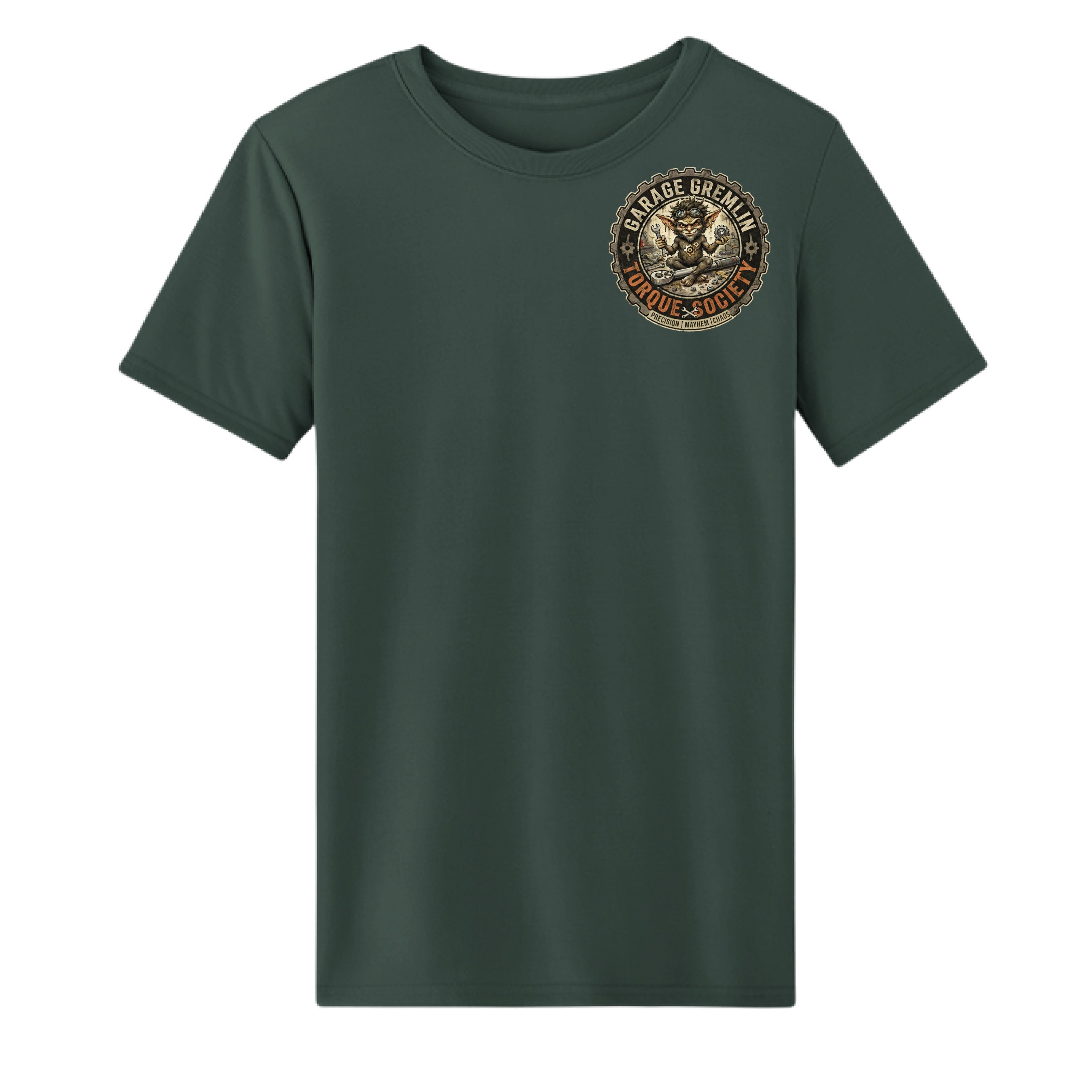 Forest green I Void Warranties mechanic T-shirt – front with Garage Gremlins chest logo