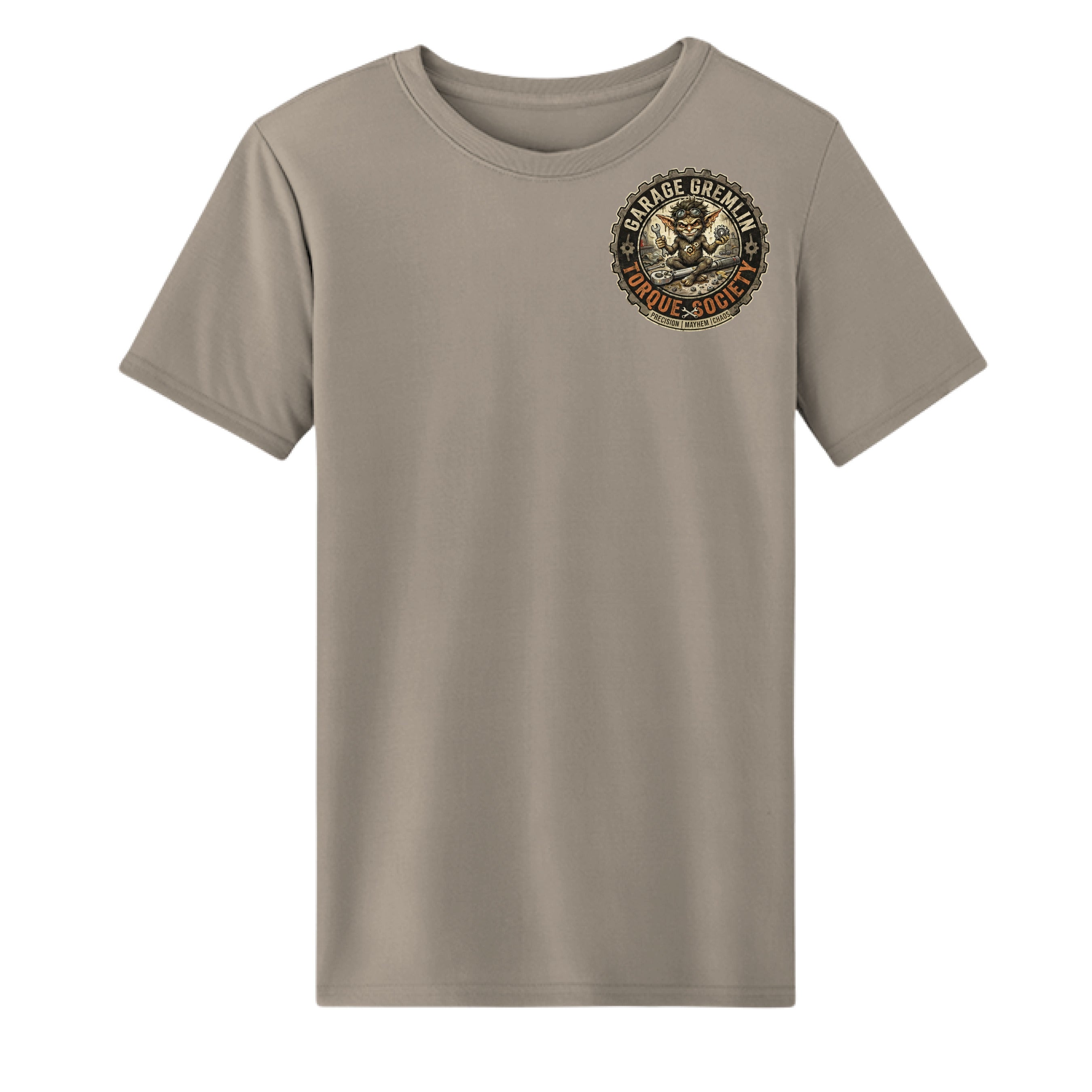 Desert khaki I Void Warranties mechanic T-shirt – front with Garage Gremlins chest logo