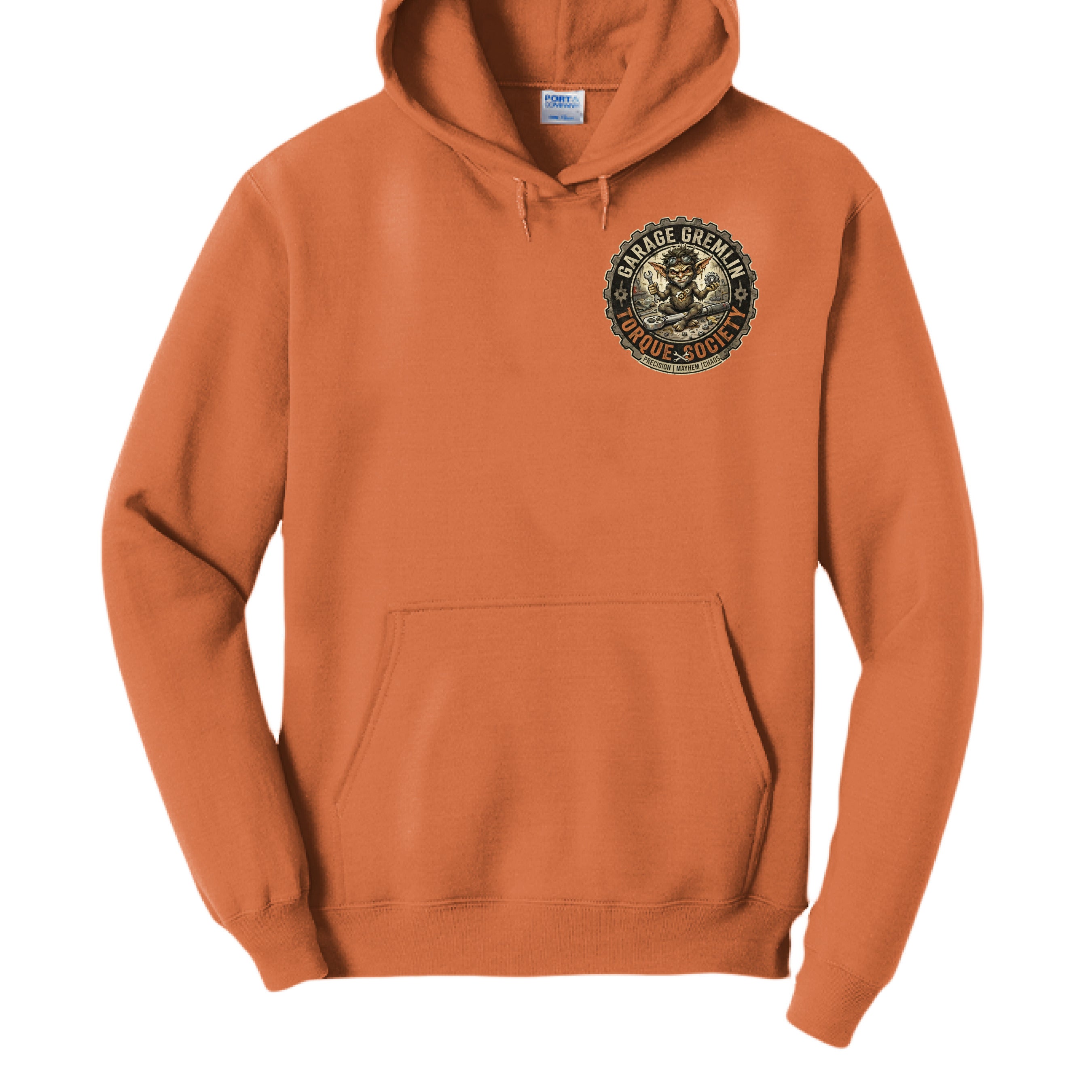 Safety orange I Don’t Make Mistakes mechanic hoodie – front