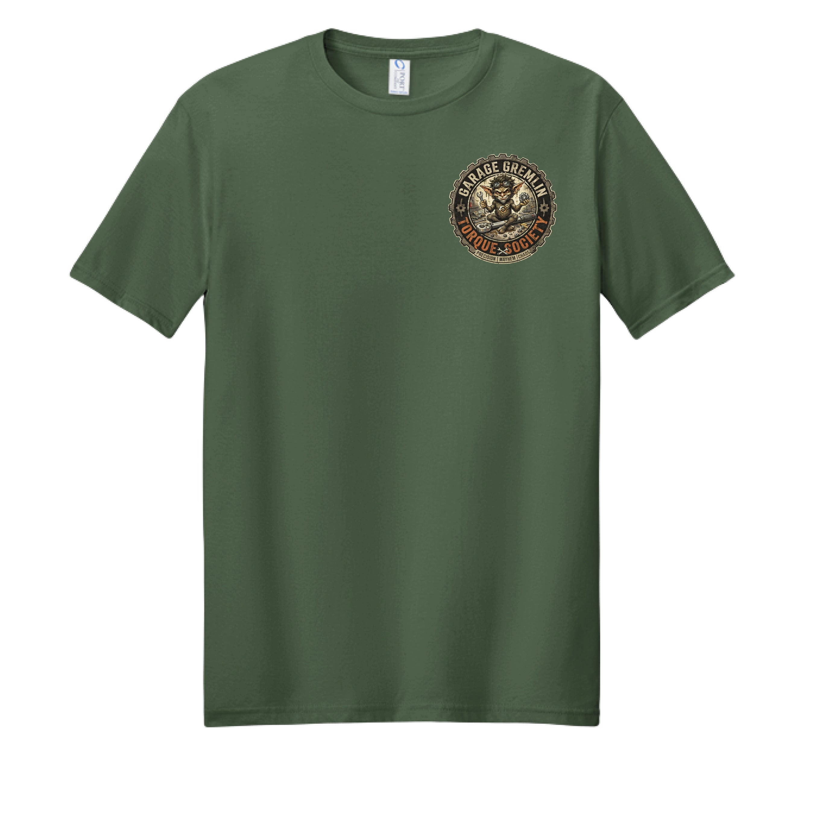 Olive green Strike Again Garage Gremlins T-shirt – front chest logo