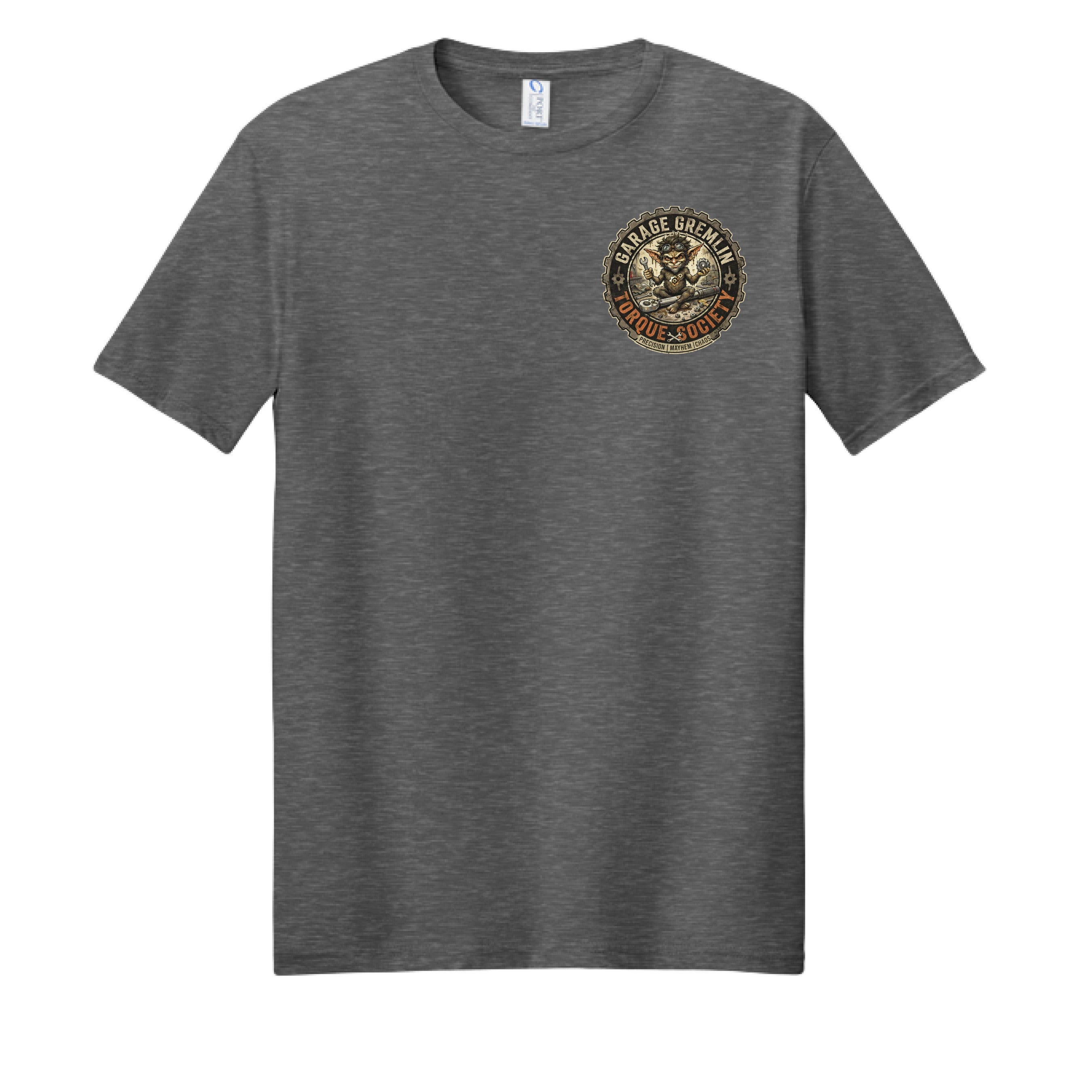 Dark heather gray Strike Again Garage Gremlins T-shirt – front chest logo