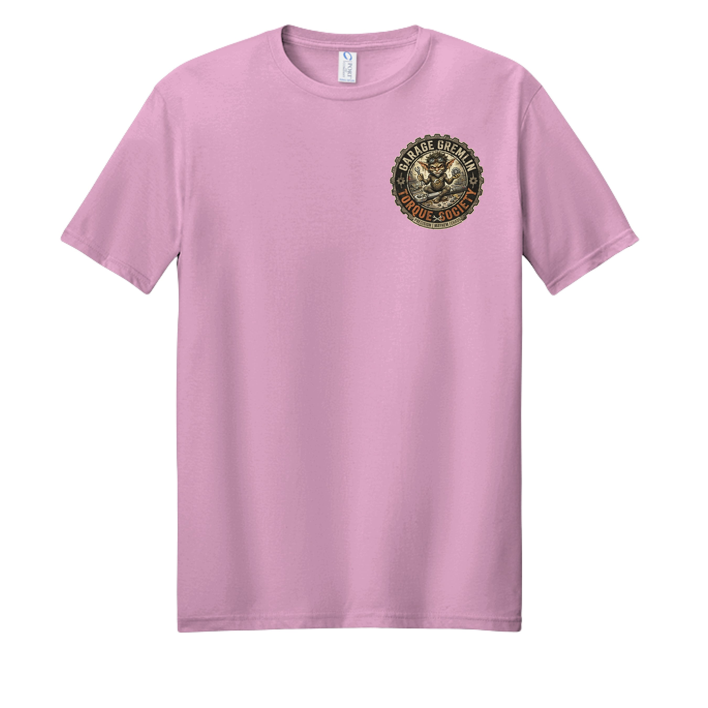 Candy pink Strike Again Garage Gremlins T-shirt – front chest logo
