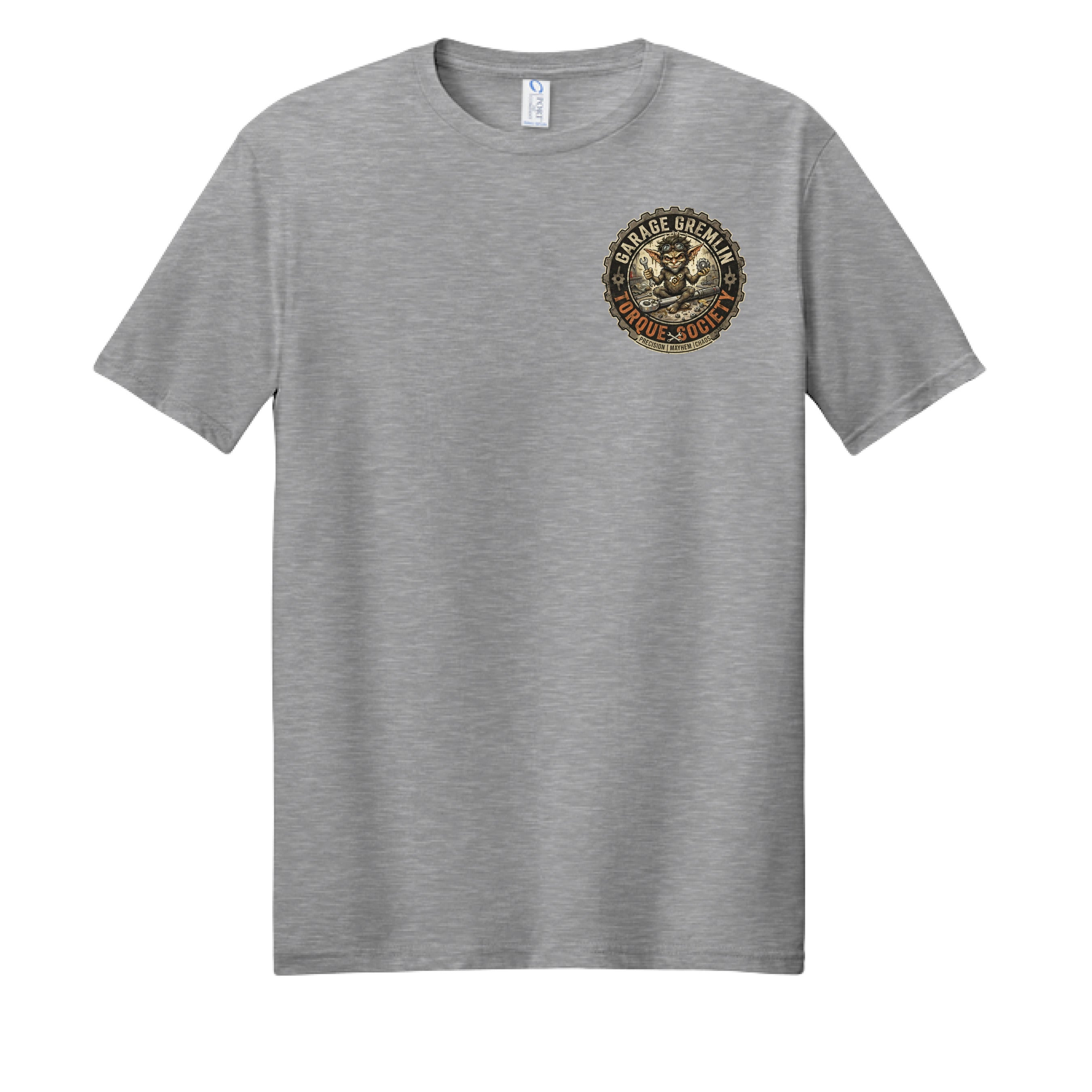 Athletic heather Strike Again Garage Gremlins T-shirt – front chest logo