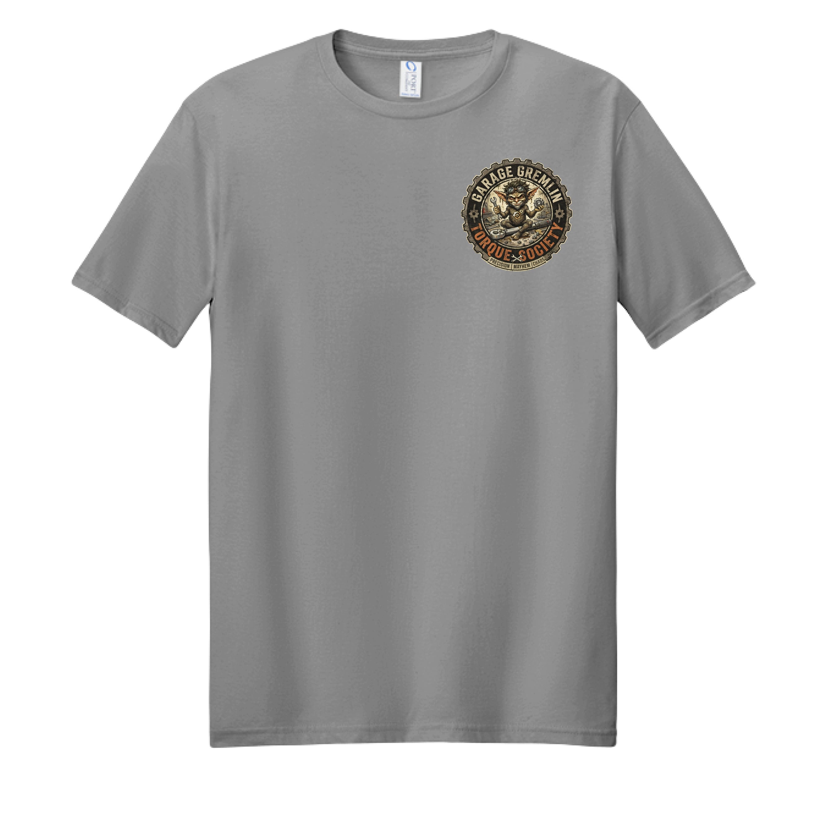 Medium gray Strike Again Garage Gremlins T-shirt – front chest logo