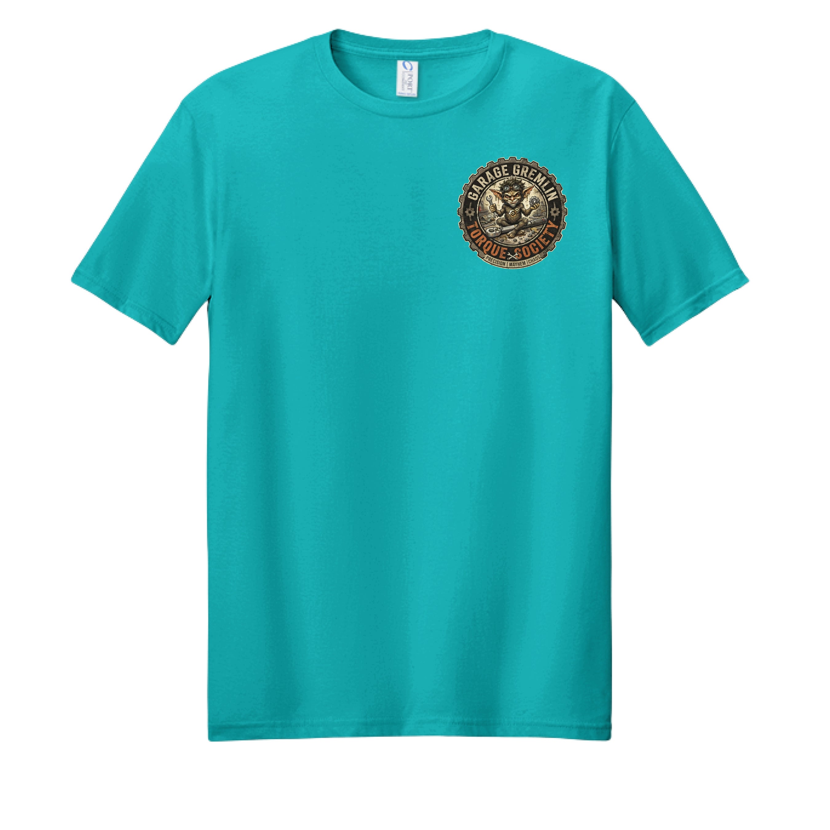 Bright aqua Strike Again Garage Gremlins T-shirt – front chest logo
