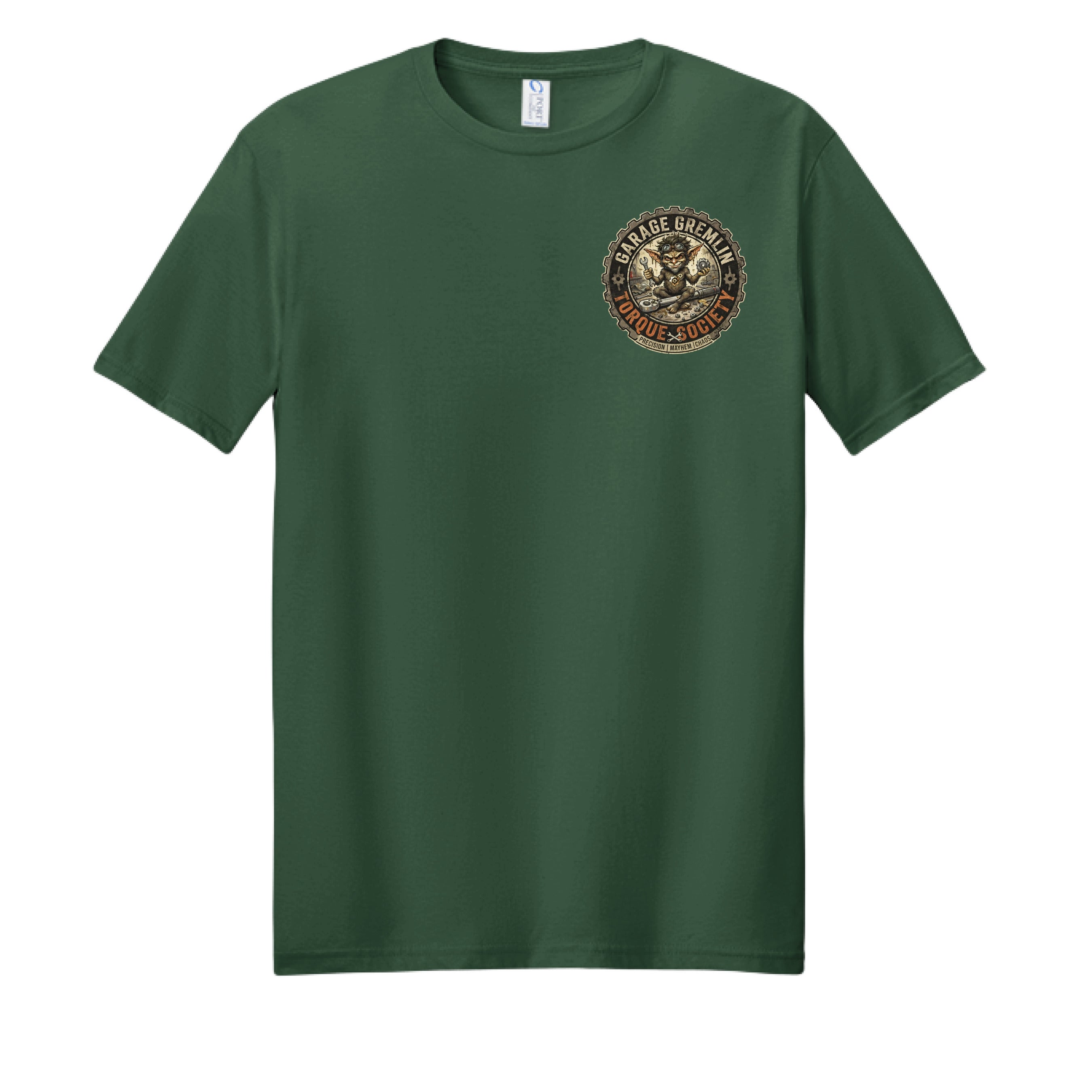 Forest green Strike Again Garage Gremlins T-shirt – front chest logo